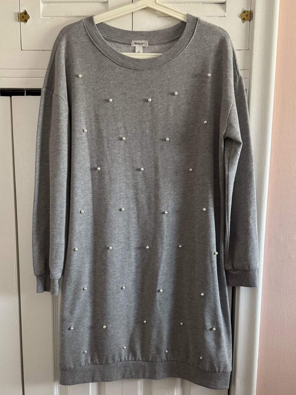 Pearl-Embellished Gray Sweatshirt Dress